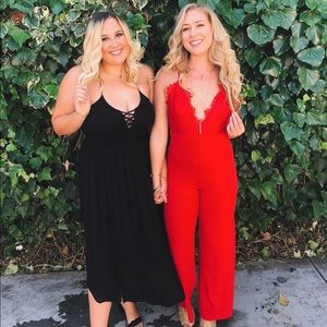 Red lace-detailed jumpsuit